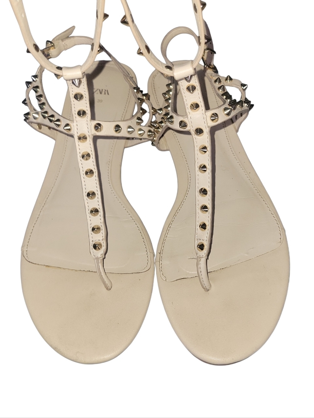 Zara Leather Women's Studded T-Strap Ankle Strap Thong Style Cream Sandals Sz 39 - Picture 2 of 8